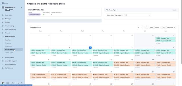 Prijskalender per kamertype in LODGIC360